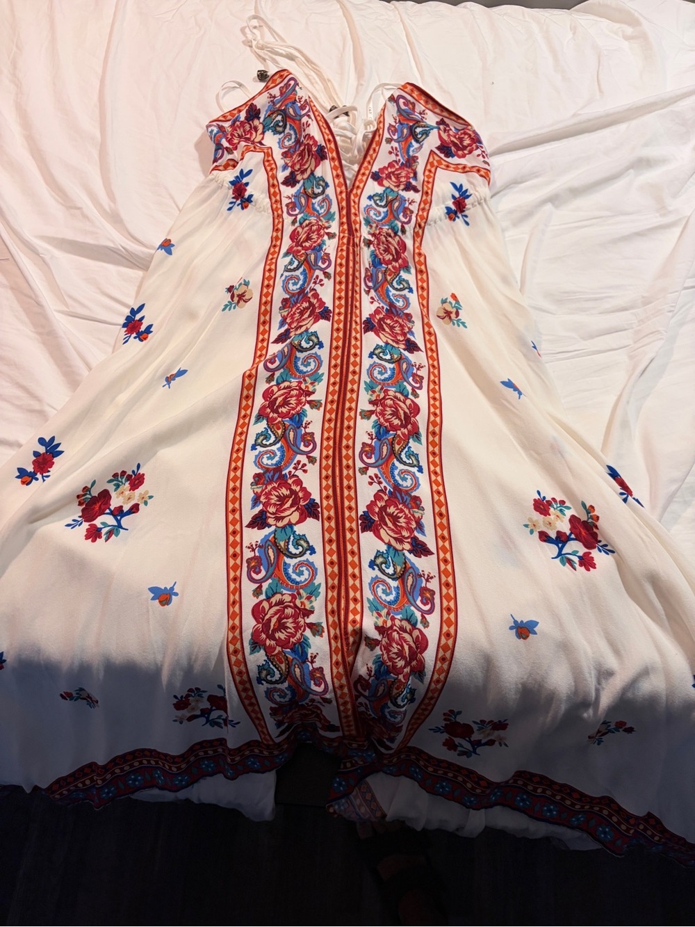 Chelsea & Violet Cream Maxi Dress with Red and Blue Floral Embroidery
